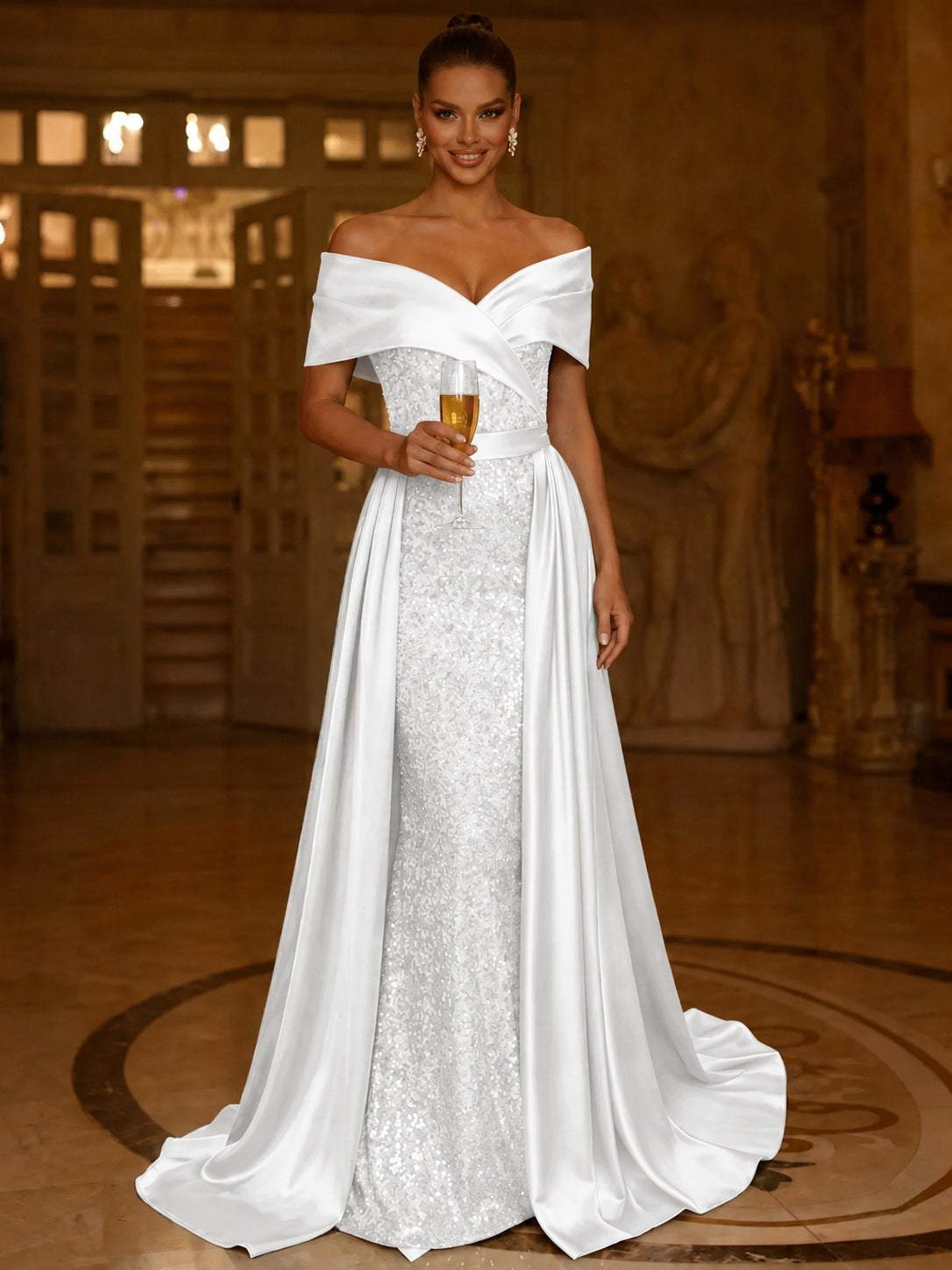Sequin Mermaid / Trumpet Evening Gown With Detachable Overskirt Elegant Dress Formal Wedding Floor Length Short Sleeves Off Shoulder Sequined