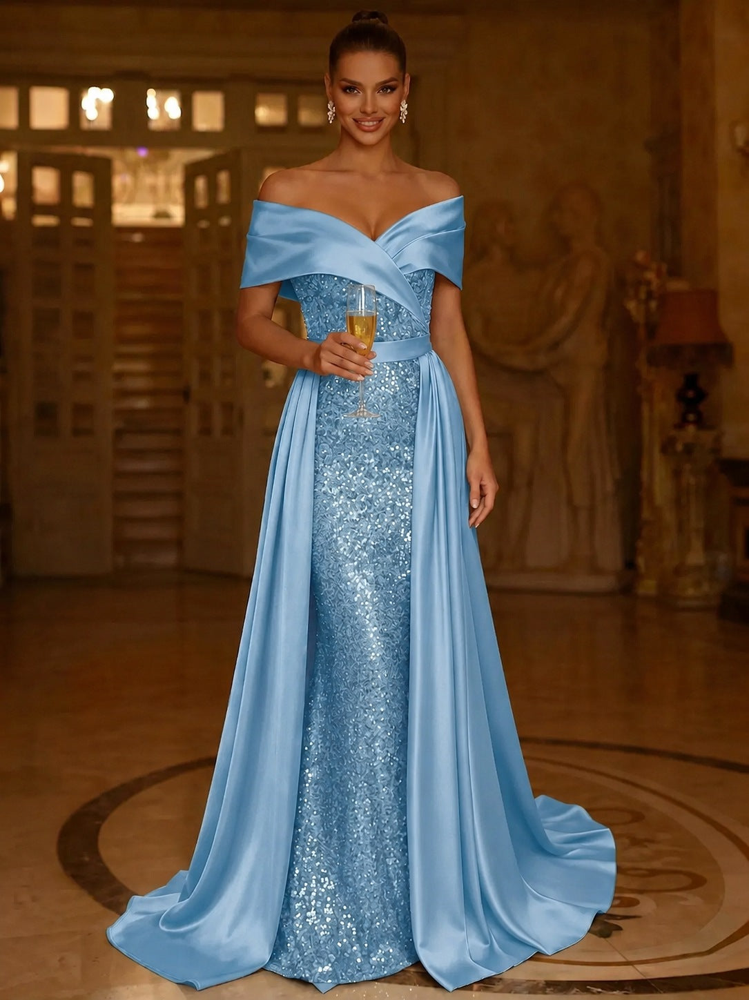 Sequin Mermaid / Trumpet Evening Gown With Detachable Overskirt Elegant Dress Formal Wedding Floor Length Short Sleeves Off Shoulder Sequined