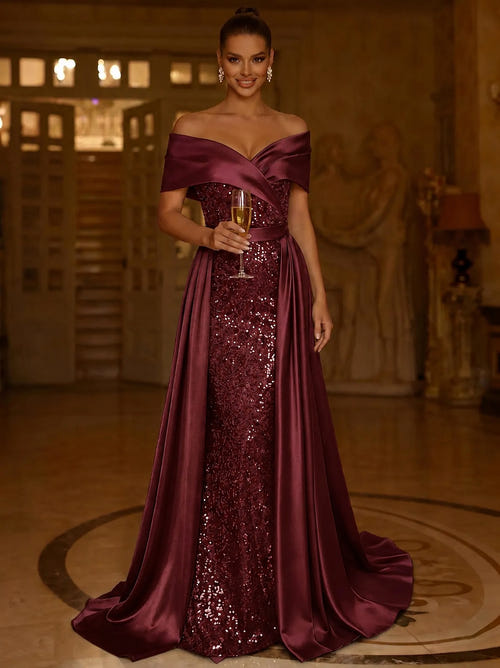 Sequin Mermaid / Trumpet Evening Gown With Detachable Overskirt Elegant Dress Formal Wedding Floor Length Short Sleeves Off Shoulder Sequined