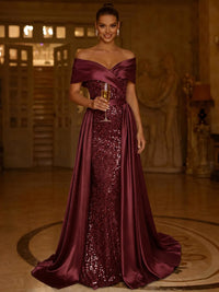 Sequin Mermaid / Trumpet Evening Gown With Detachable Overskirt Elegant Dress Formal Wedding Floor Length Short Sleeves Off Shoulder Sequined