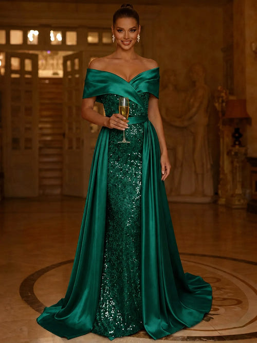 Sequin Mermaid / Trumpet Evening Gown With Detachable Overskirt Elegant Dress Formal Wedding Floor Length Short Sleeves Off Shoulder Sequined