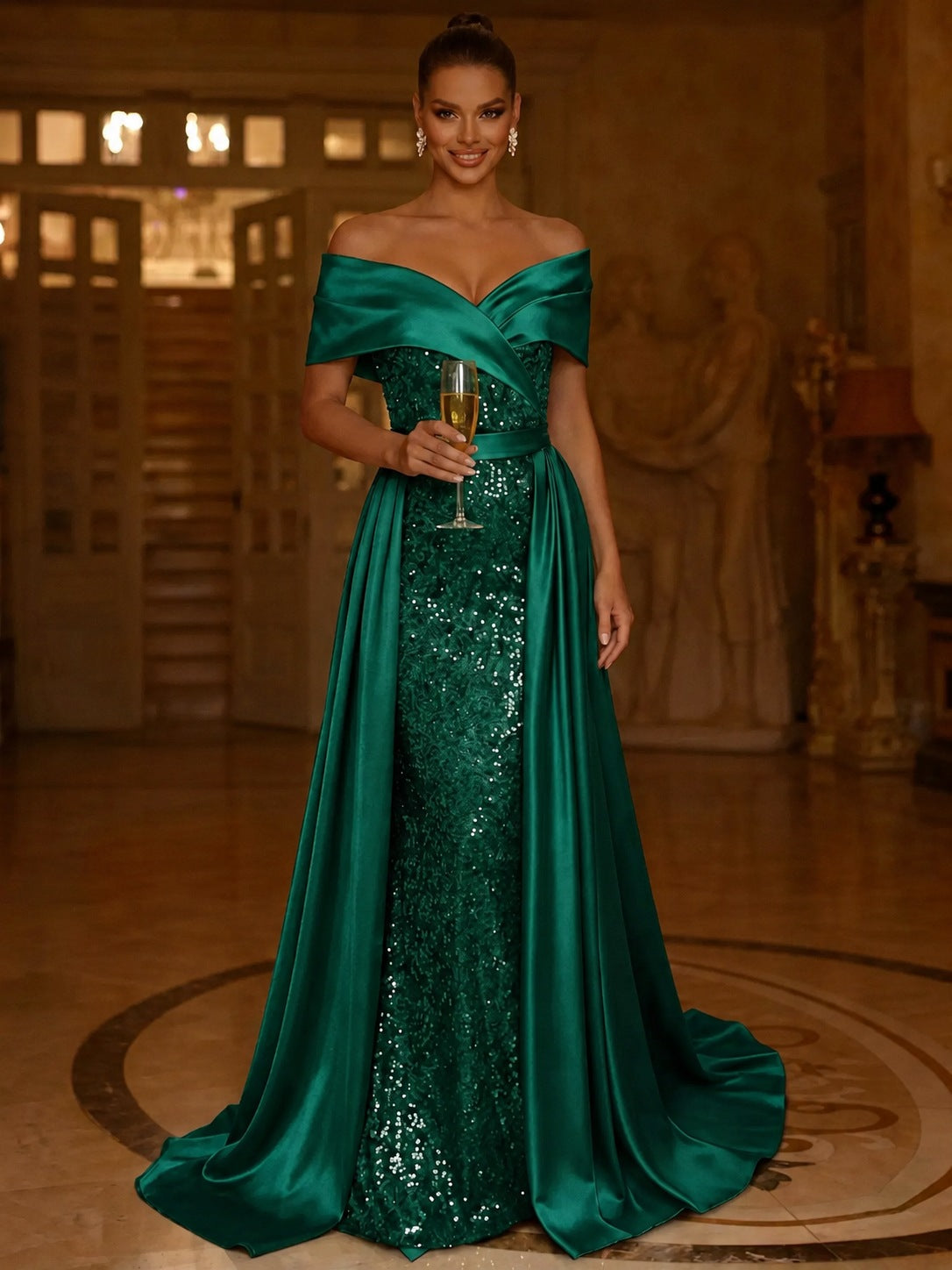 Sequin Mermaid / Trumpet Evening Gown With Detachable Overskirt Elegant Dress Formal Wedding Floor Length Short Sleeves Off Shoulder Sequined