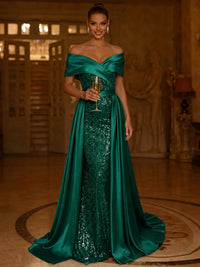 Sequin Mermaid / Trumpet Evening Gown With Detachable Overskirt Elegant Dress Formal Wedding Floor Length Short Sleeves Off Shoulder Sequined