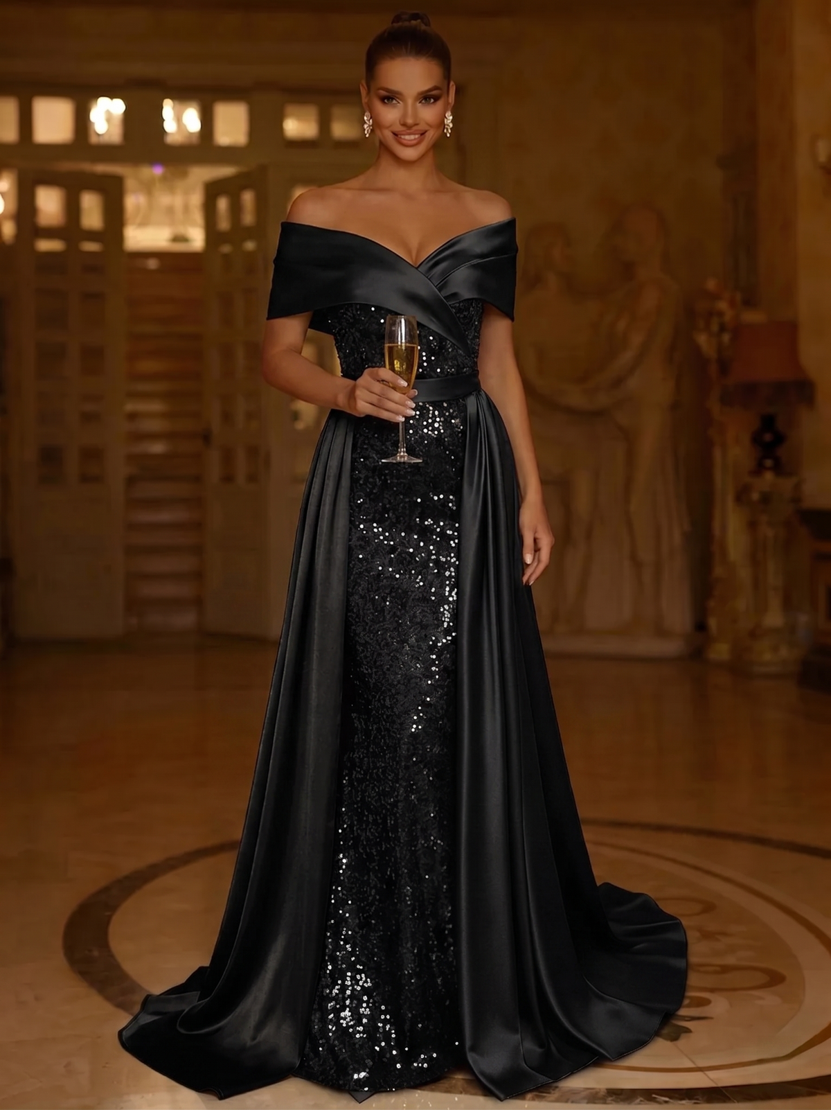 Nafori Dusty Blue Sequin Mermaid/Trumpet Evening Gown With Detachable Overskirt Elegant Dress Formal Wedding Floor Length Short Sleeves Off Shoulder