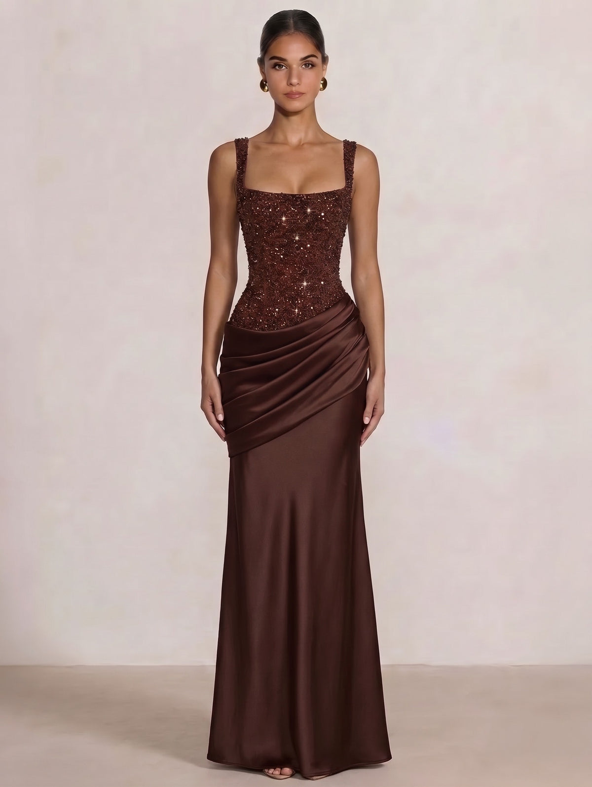 A Line/Princesses Evening Dresses Ruched Satin Spaghetti Straps Sequins Floor-Length Formal Dress Wedding Guest