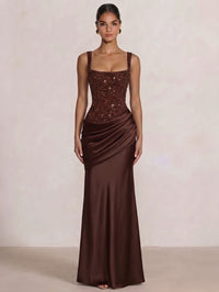 A Line/Princesses Evening Dresses Ruched Satin Spaghetti Straps Sequins Floor-Length Formal Dress Wedding Guest