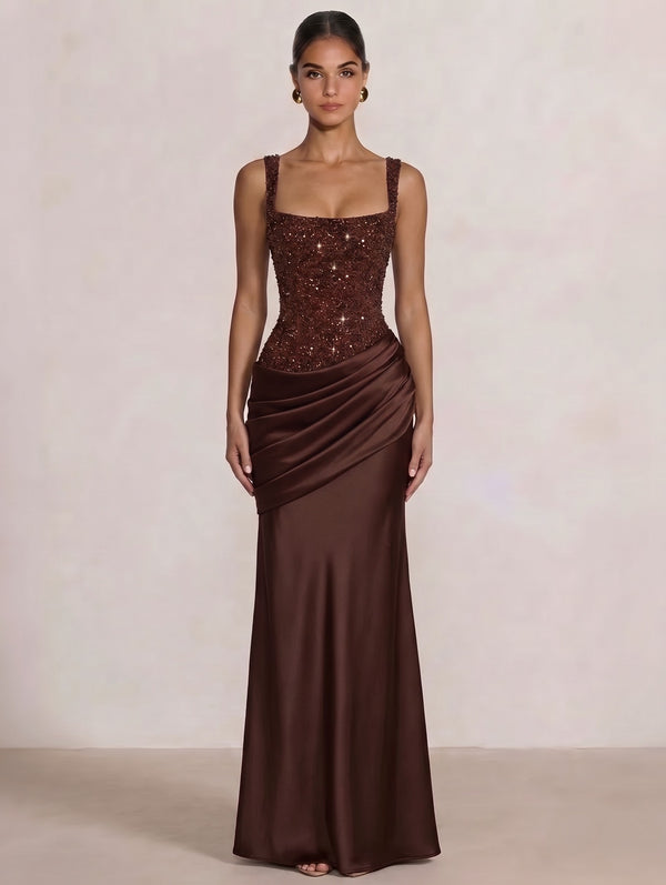 A Line/Princesses Evening Dresses Ruched Satin Spaghetti Straps Sequins Floor-Length Formal Dress Wedding Guest