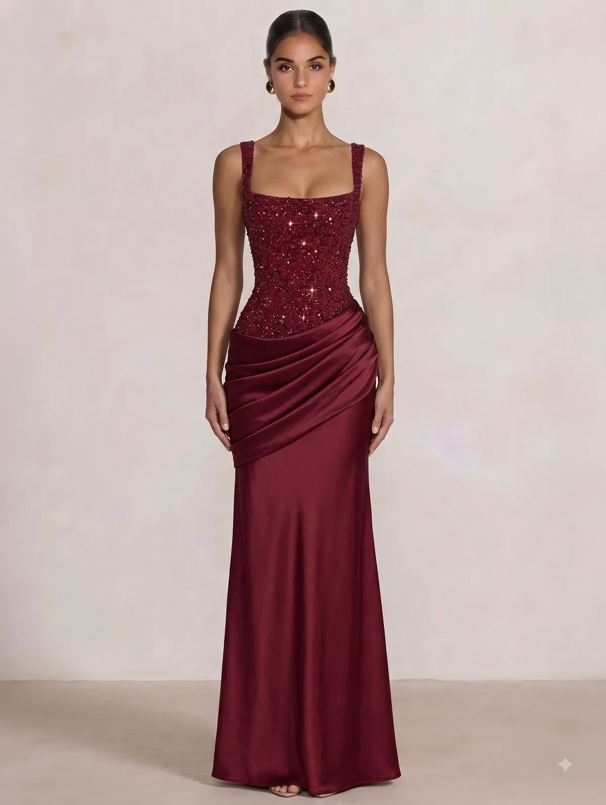 A Line/Princesses Evening Dresses Ruched Satin Spaghetti Straps Sequins Floor-Length Formal Dress Wedding Guest