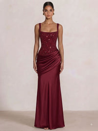 A Line/Princesses Evening Dresses Ruched Satin Spaghetti Straps Sequins Floor-Length Formal Dress Wedding Guest