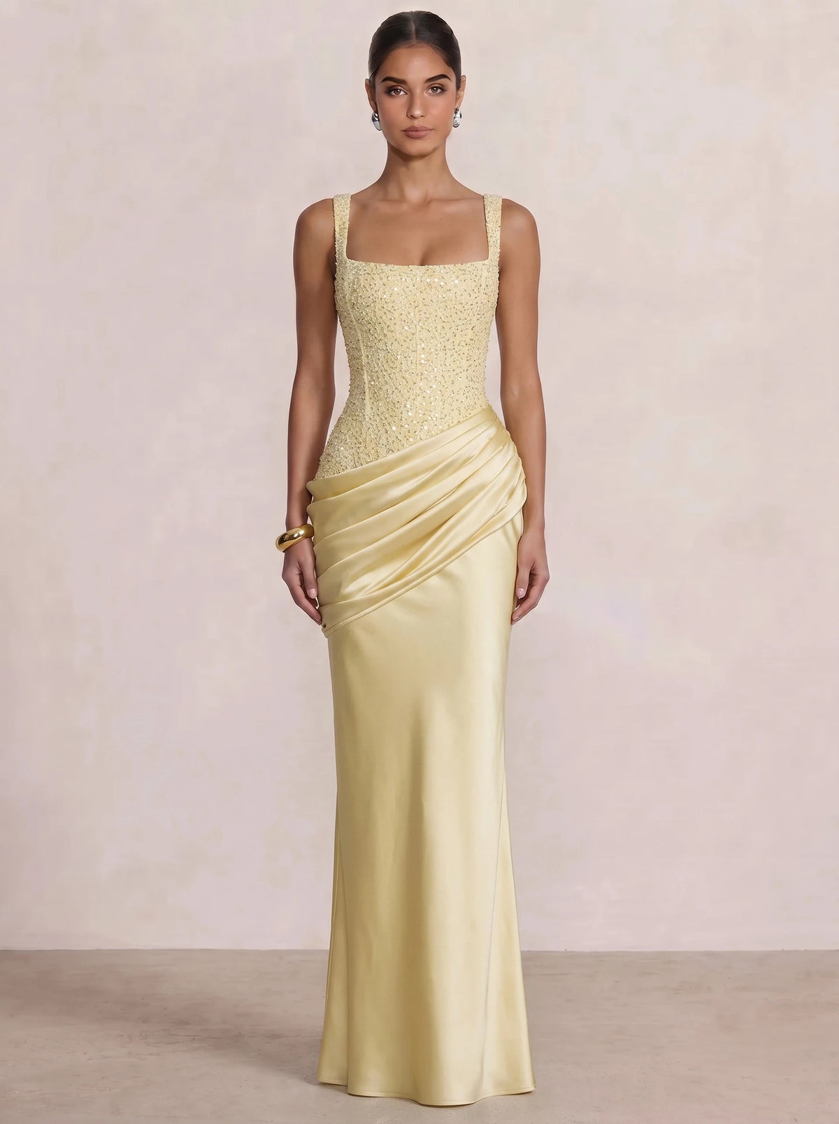 A Line/Princesses Formal Dresses Ruched Satin Spaghetti Straps Sequins Floor-Length Formal Dress Wedding Guest