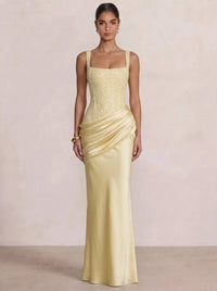 A Line/Princesses Formal Dresses Ruched Satin Spaghetti Straps Sequins Floor-Length Formal Dress Wedding Guest