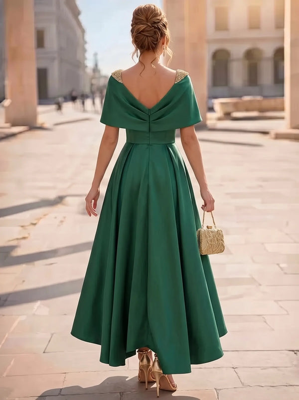 A Line Cocktail Dress Tea Length High Low Dresses Elegant Short Sleeve Boat Neck Wedding Guest Satin with Beaded Pearls