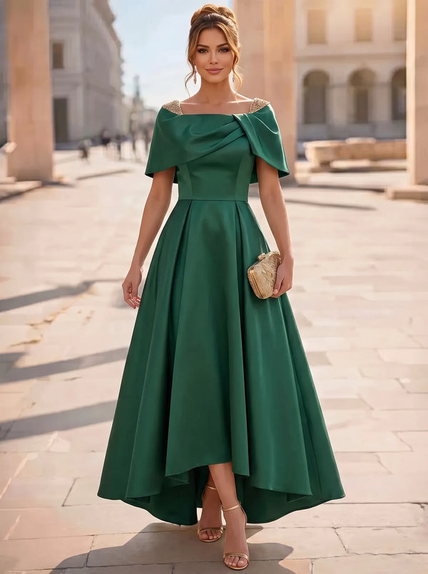 A Line Cocktail Dress Tea Length High Low Dresses Elegant Short Sleeve Boat Neck Wedding Guest Satin with Beaded Pearls