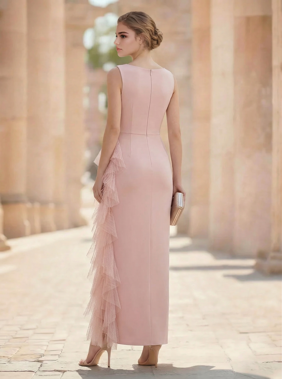 Sheath/Column Cocktail Dress V Neck Sleeveless Ankle Length Wedding Guest Dress With Ruffles