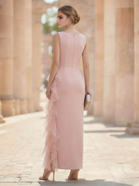 Sheath/Column Cocktail Dress V Neck Sleeveless Ankle Length Wedding Guest Dress With Ruffles