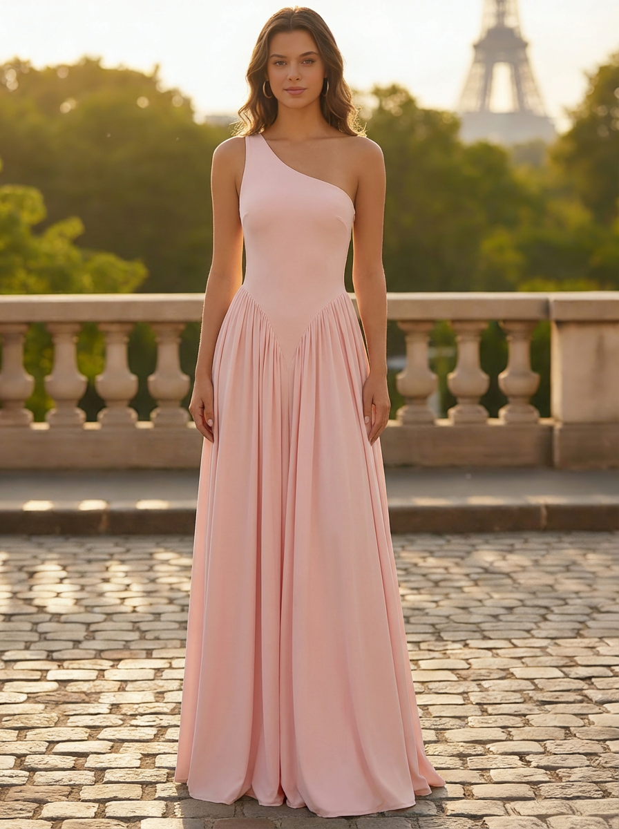 A Line/Princesses Prom Dresses Chiffon One Shoulder Floor-Length Formal Dress With Basque Waist