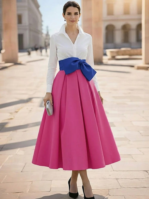 A-Line/Princess Cocktail Dress Shirt Collar V Neck Long Sleeves Colorblock Mother Of The Bride Dresses United States 250th Anniversary