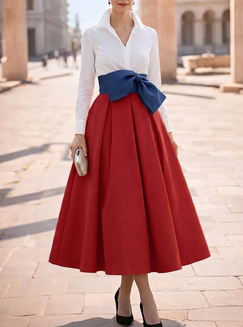 A-Line/Princess Cocktail Dress Shirt Collar V Neck Long Sleeves Colorblock Mother Of The Bride Dresses United States 250th Anniversary