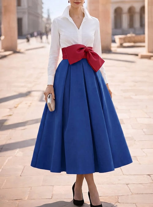 A-Line/Princess Cocktail Dress Shirt Collar V Neck Long Sleeves Colorblock Mother Of The Bride Dresses United States 250th Anniversary