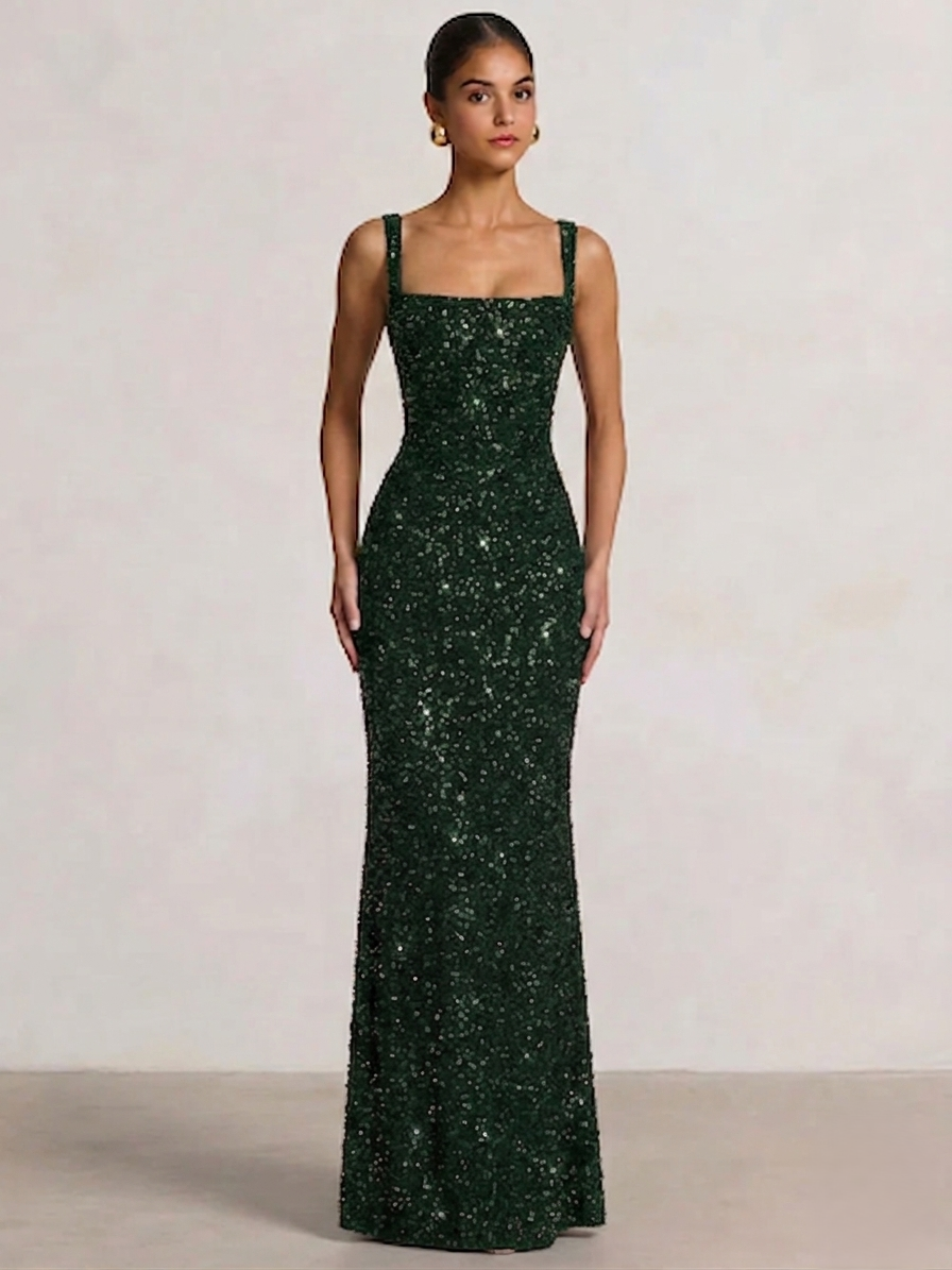 Nafori Dark Green Trumpet/Mermaid Long Prom Dress Spaghetti Straps Floor-Length Long Sparkle Corset Prom Dress Evening Dress With Beads Sequins 2026