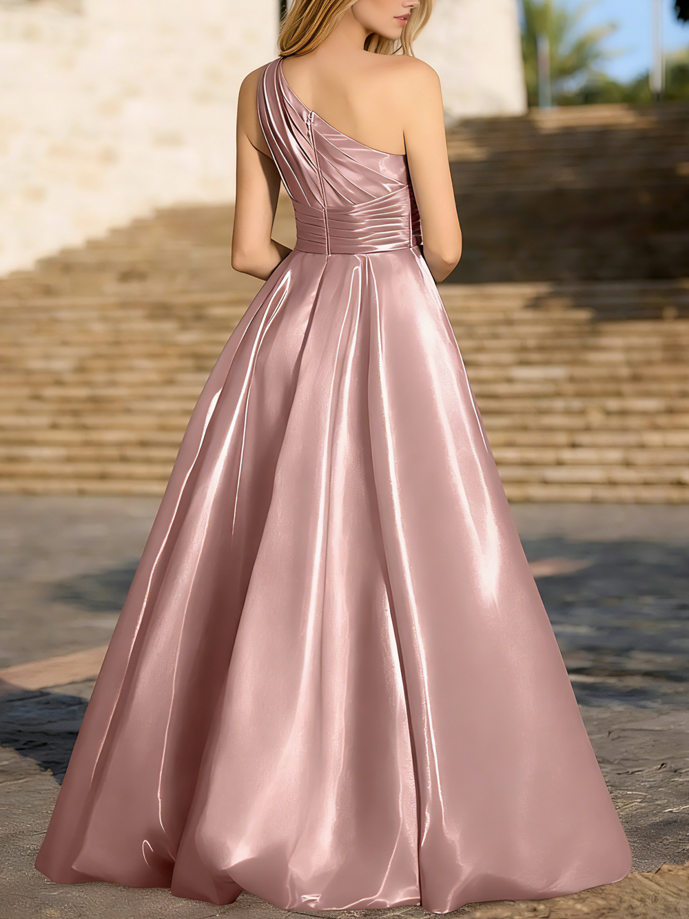 A-Line/Princess Long Pink Prom Dresses Ruched One Shoulder Strapless High Low With Pleats&Back Lace-Up Wedding Guest Dresses