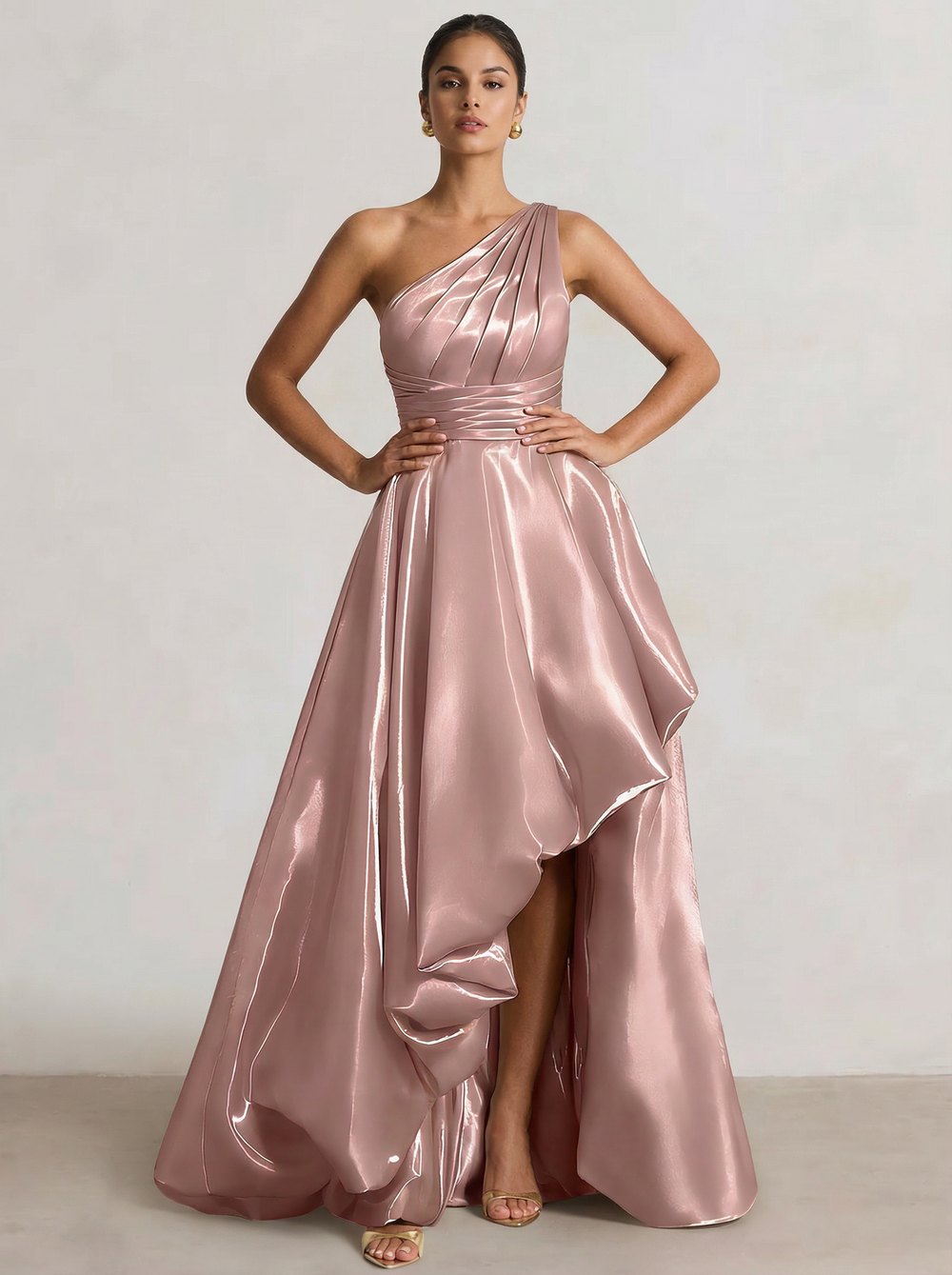 A-Line/Princess Long Pink Prom Dresses Ruched One Shoulder Strapless High Low With Pleats&Back Lace-Up Wedding Guest Dresses
