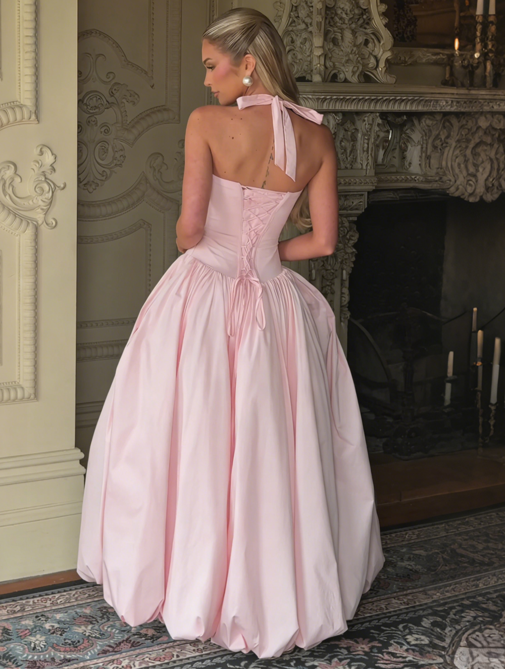 A-Line/Princess Long Pink Prom Dresses Basque Waist Stretch Halter Neck Floor-Length Side Split With Pleats&Back Lace-Up Wedding Guest Dresses