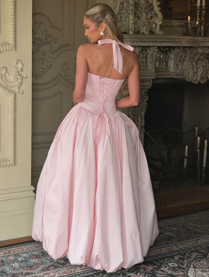 A-Line/Princess Long Pink Prom Dresses Basque Waist Stretch Halter Neck Floor-Length Side Split With Pleats&Back Lace-Up Wedding Guest Dresses