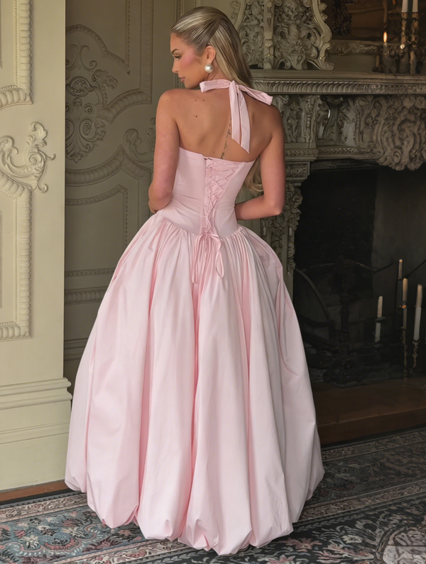 A-Line/Princess Long Pink Prom Dresses Basque Waist Stretch Halter Neck Floor-Length Side Split With Pleats&Back Lace-Up Wedding Guest Dresses