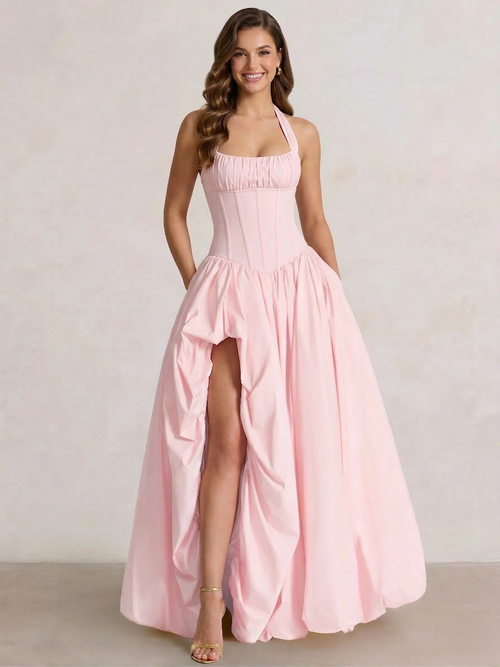 A-Line/Princess Long Pink Prom Dresses Basque Waist Stretch Halter Neck Floor-Length Side Split With Pleats&Back Lace-Up Wedding Guest Dresses