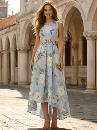 A-Line Cocktail Dress Elegant Floral Printed Dress High Low Tea Length Sleeveless Round Neck with Pocket Wedding Guest Dress