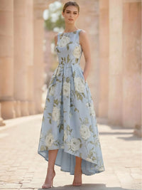 A-Line Cocktail Dress Elegant Floral Printed Dress High Low Tea Length Sleeveless Round Neck with Pocket Wedding Guest Dress