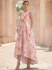 A-Line Cocktail Dress Elegant Floral Printed Dress High Low Tea Length Sleeveless Round Neck with Pocket Wedding Guest Dress
