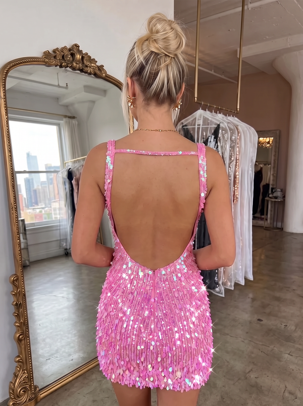 Sheath/Column Homecoming Dresses Sequins V-Neck Sleeveless Short Lace-Up With Zipper