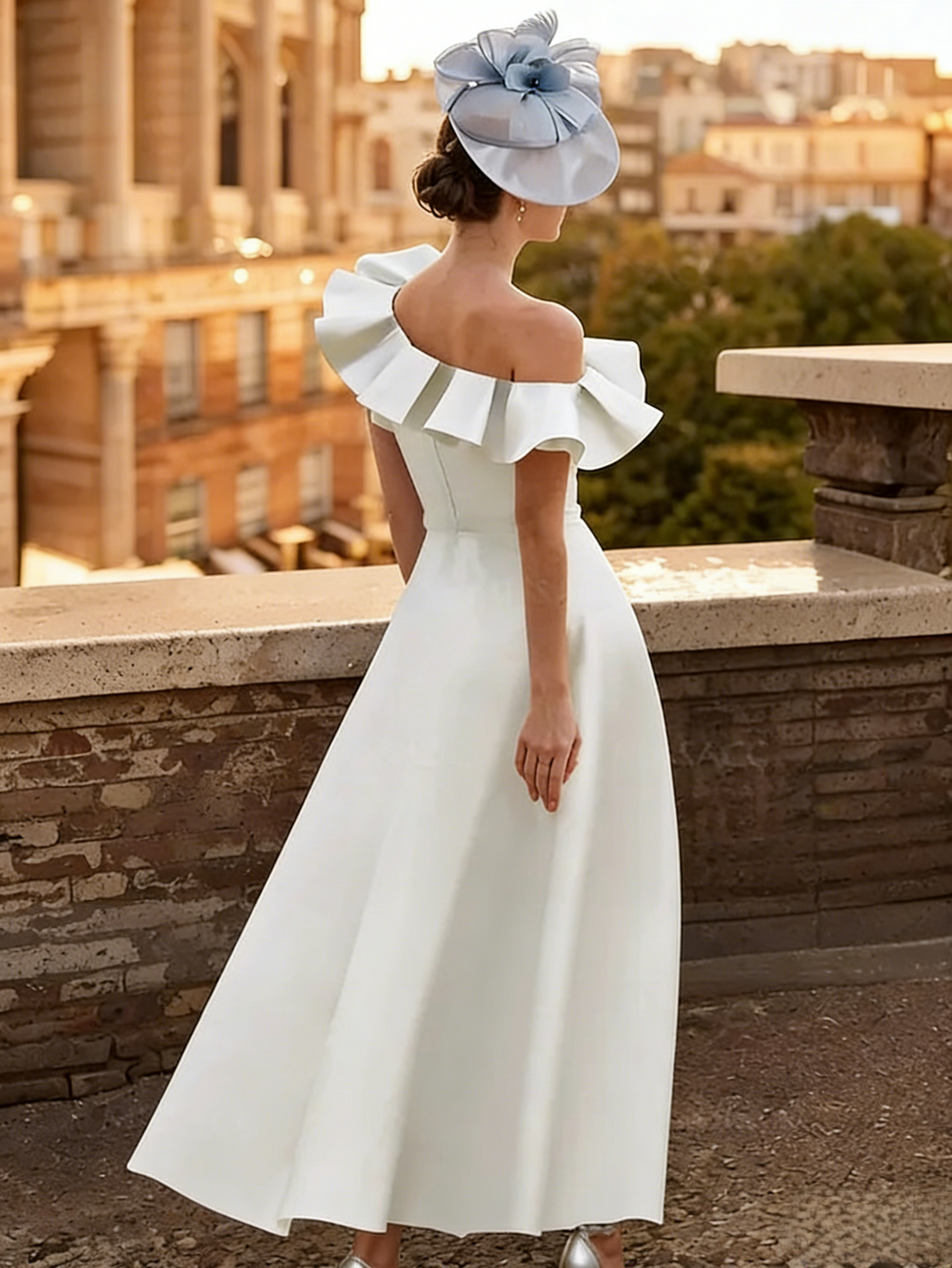 A Line Cocktail Dress Satin Kentucky Derby Dress Ruffle Off the Shoulder Formal Elegant Dress Ankle Length With Pocket