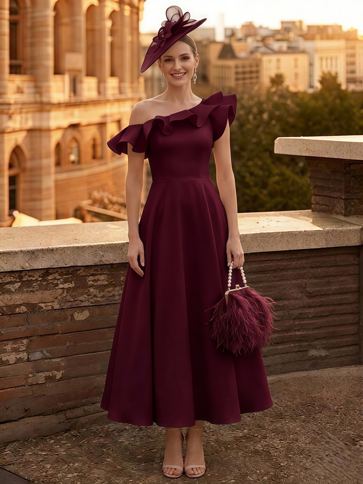 Nafori Burgundy A Line Cocktail Dress Satin Kentucky Derby Dress Ruffle Off the Shoulder Formal Elegant Dress Ankle Length With Pocket 2026