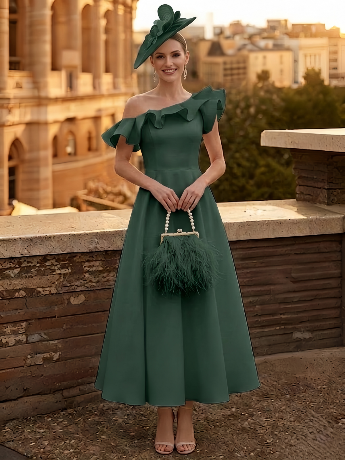 Nafori Dark Green A Line Cocktail Dress Satin Kentucky Derby Dress Ruffle Off the Shoulder Formal Elegant Dress Ankle Length With Pocket 2026