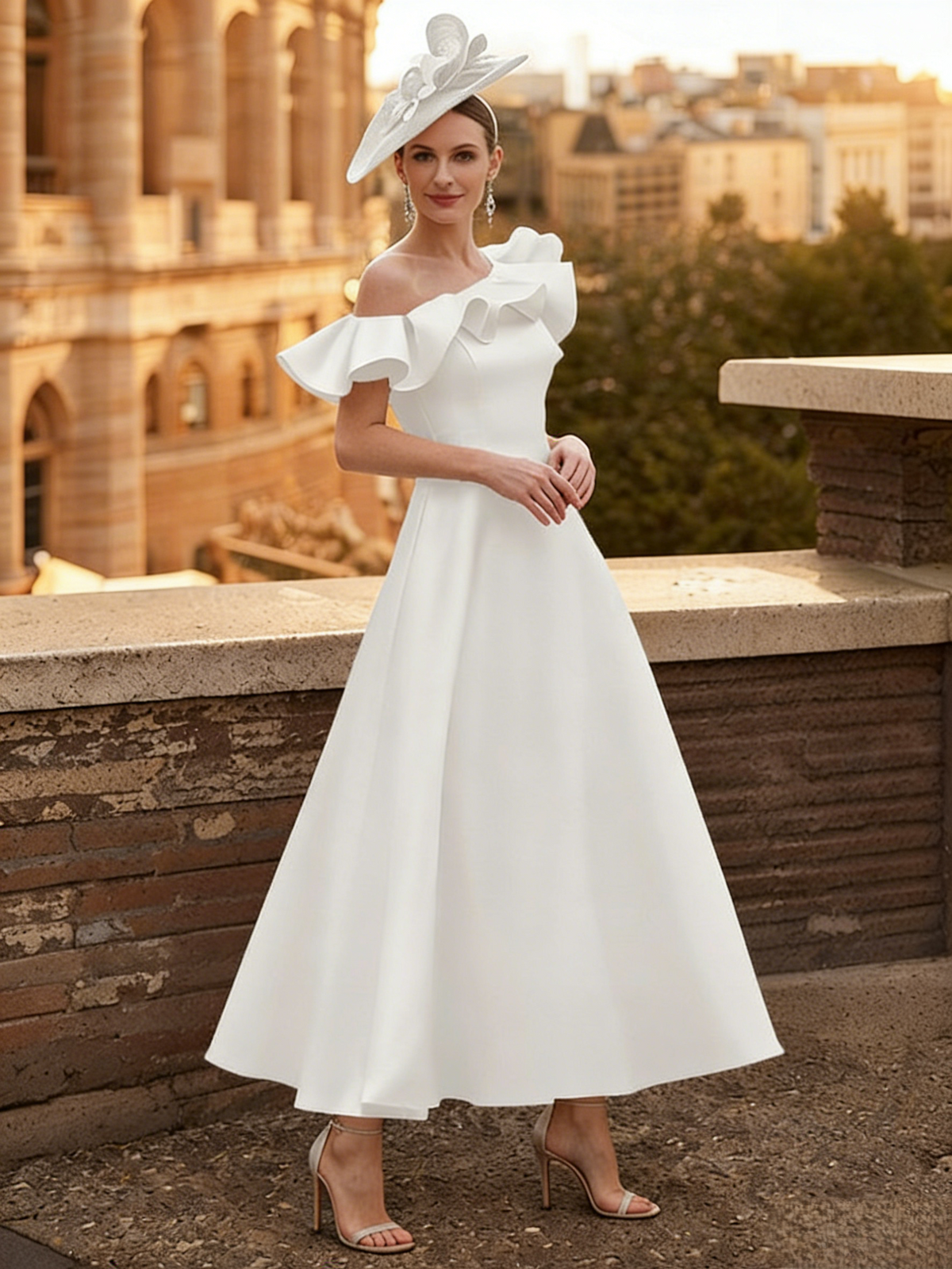 Nafori White A Line Cocktail Dress Satin Kentucky Derby Dress Ruffle Off the Shoulder Formal Elegant Dress Ankle Length With Pocket 2026
