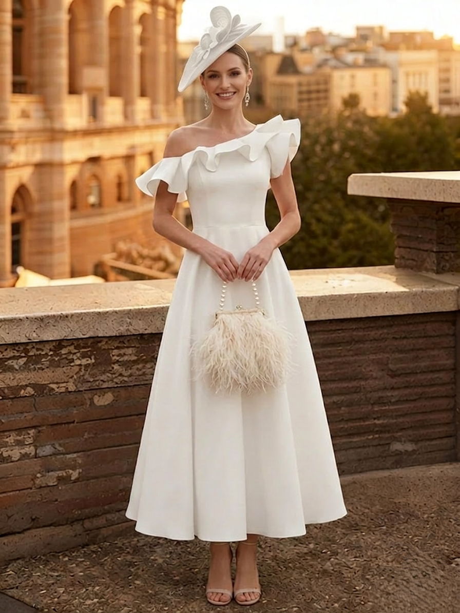 A Line Cocktail Dress Satin Kentucky Derby Dress Ruffle Off the Shoulder Formal Elegant Dress Ankle Length With Pocket