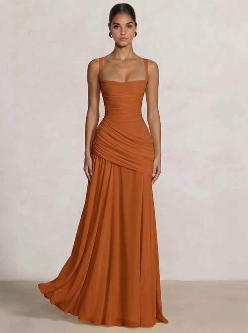 A Line/Princesses Prom Dresses Ruched Chiffon Spaghetti Straps Floor-Length Formal Dress Wedding Guest