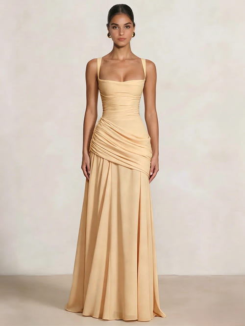 A Line/Princesses Prom Dresses Ruched Chiffon Spaghetti Straps Floor-Length Formal Dress Wedding Guest