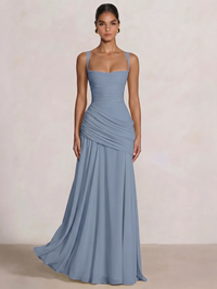 A Line/Princesses Prom Dresses Ruched Chiffon Spaghetti Straps Floor-Length Formal Dress Wedding Guest