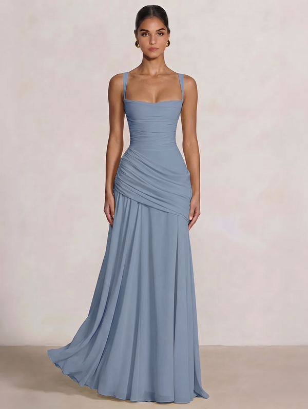 A Line/Princesses Prom Dresses Ruched Chiffon Spaghetti Straps Floor-Length Formal Dress Wedding Guest