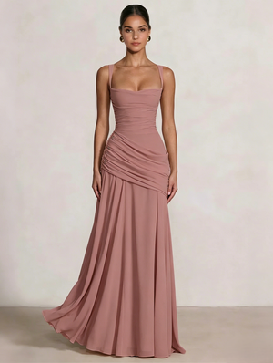 A Line/Princesses Prom Dresses Ruched Chiffon Spaghetti Straps Floor-Length Formal Dress Wedding Guest