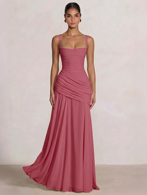 A Line/Princesses Prom Dresses Ruched Chiffon Spaghetti Straps Floor-Length Formal Dress Wedding Guest