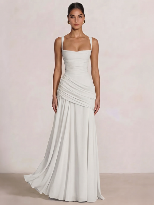 A Line/Princesses Prom Dresses Ruched Chiffon Spaghetti Straps Floor-Length Formal Dress Wedding Guest