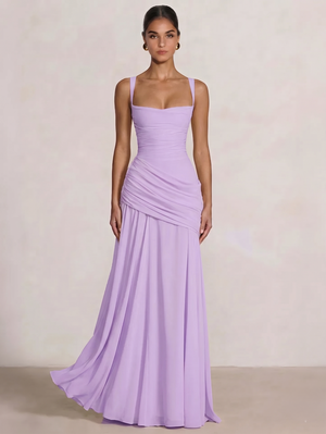 A Line/Princesses Prom Dresses Ruched Chiffon Spaghetti Straps Floor-Length Formal Dress Wedding Guest