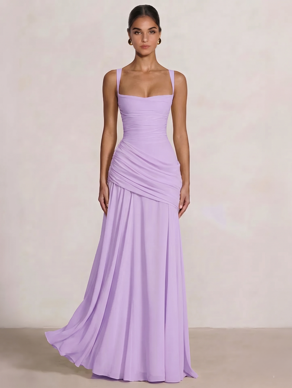 A Line/Princesses Prom Dresses Ruched Chiffon Spaghetti Straps Floor-Length Formal Dress Wedding Guest
