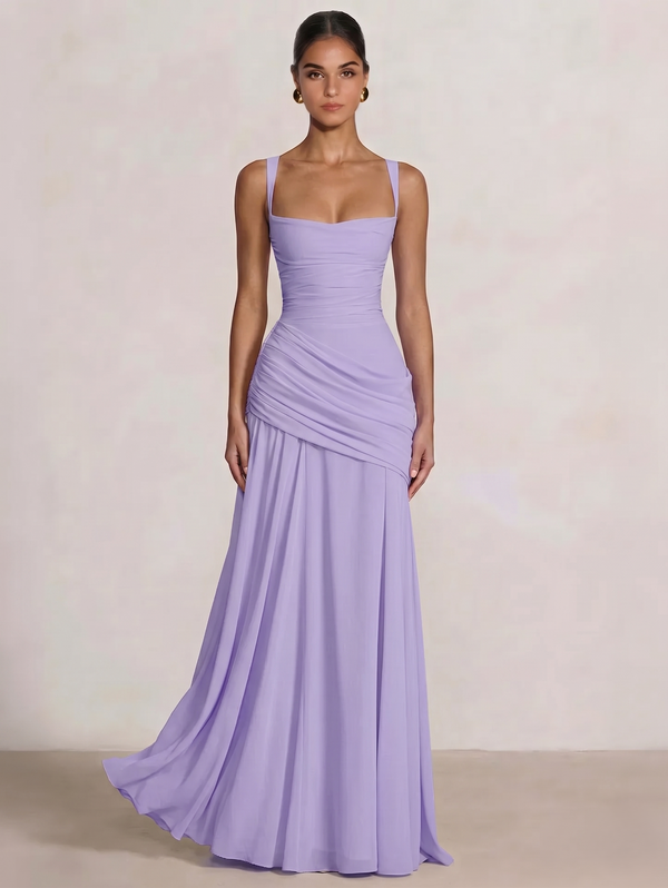 A Line/Princesses Prom Dresses Ruched Chiffon Spaghetti Straps Floor-Length Formal Dress Wedding Guest