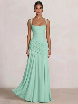 A Line/Princesses Prom Dresses Ruched Chiffon Spaghetti Straps Floor-Length Formal Dress Wedding Guest